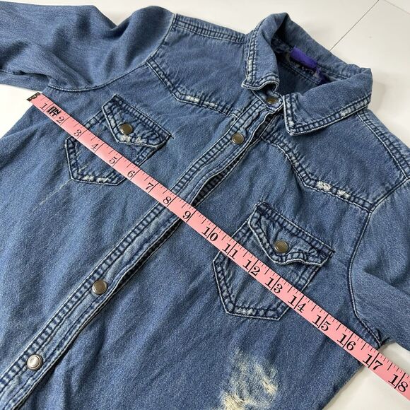Miley Cyrus Max Azria Denim Top Sz S Snap Front Distressed Country Cowgirl - Picture 9 of 11